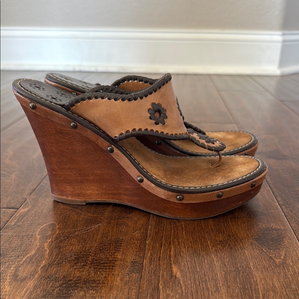 Jack Rogers Brown Wedge Sandals with Floral Embroidery
